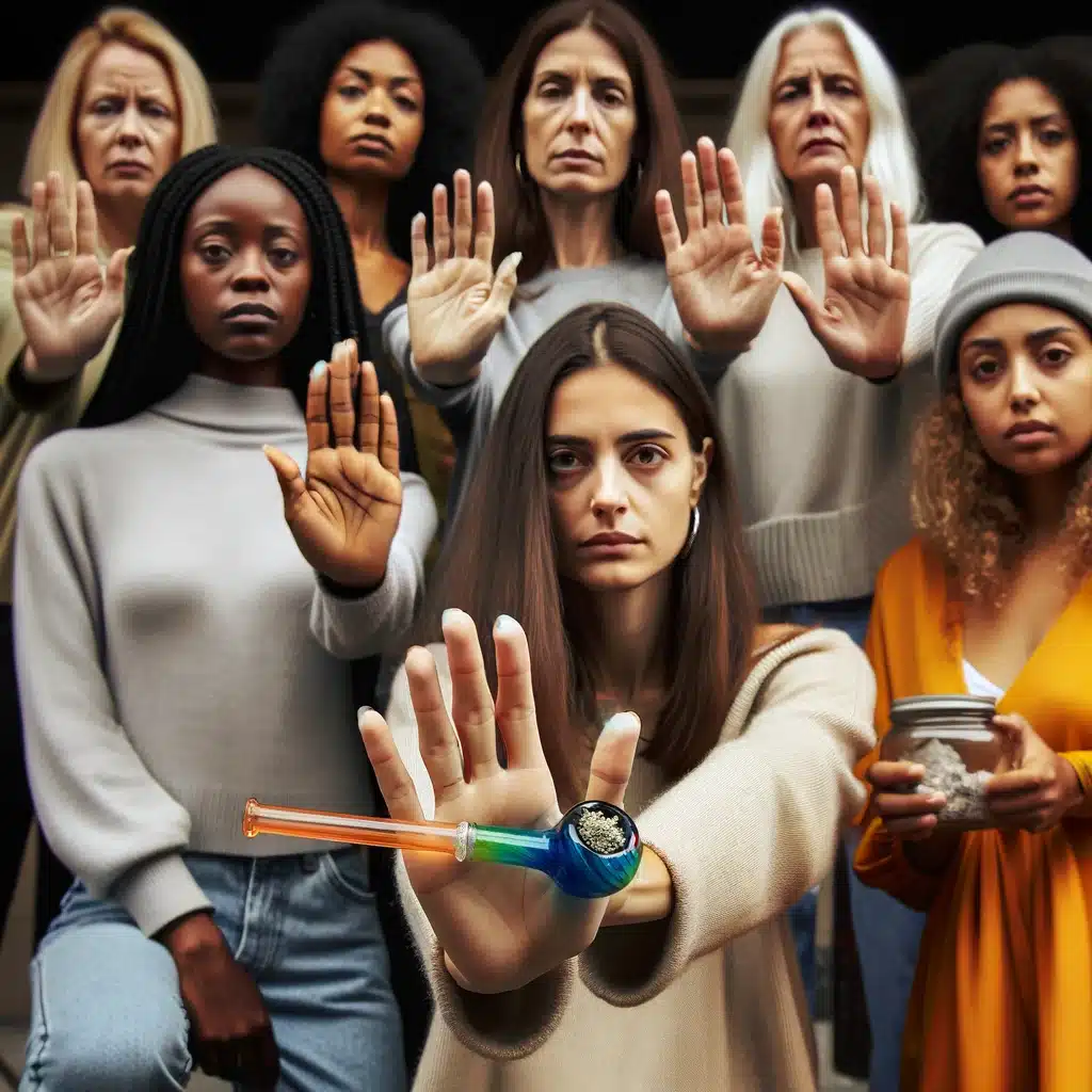 A group of diverse women gathered together, united in saying no to a crack pipe