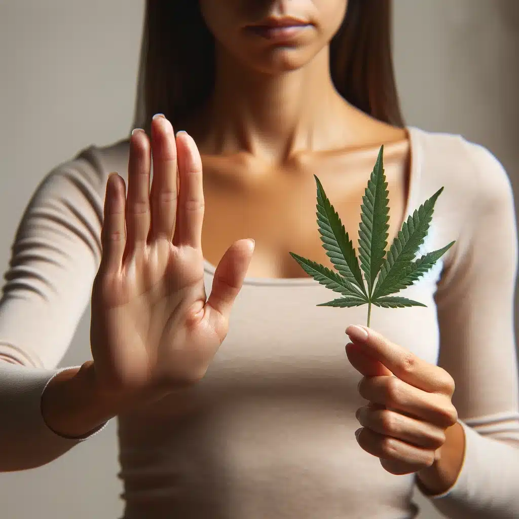 A woman firmly rejecting a marijuana leaf, holding her hand out in a gesture of refusal. She is standing confidently, expressing determination